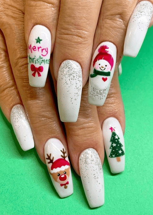 Christmas nail design that says merry Christmas with a snowman and a reindeer