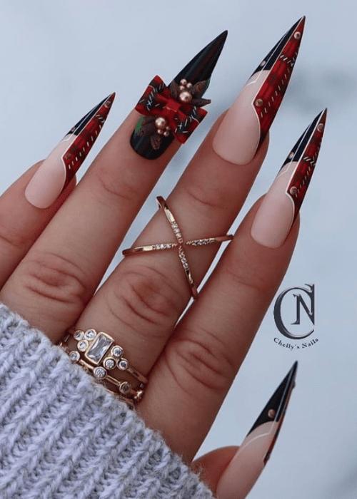 Tartan Christmas nail art with a bow