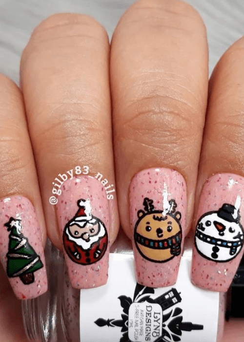 Christmas nail design with a Christmas tree Santa Clause a reindeer and a snowman