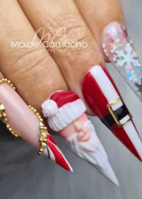 Christmas nail design with a acrylic Santa Clause and a design of his suit
