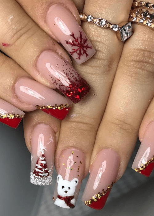 Sparkly red gold and white Christmas nail design with a Christmas tree and a bear
