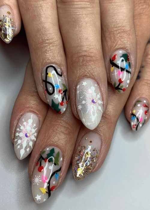 Christmas nail design with Christmas lights and snowflakes