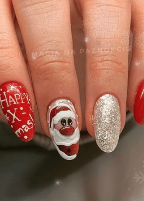 Red and silver Christmas nail design with Santa Clause and it says Happy X-mas
