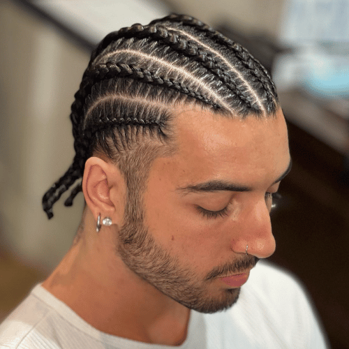 A braid hairstyle called Stitched Braids on man