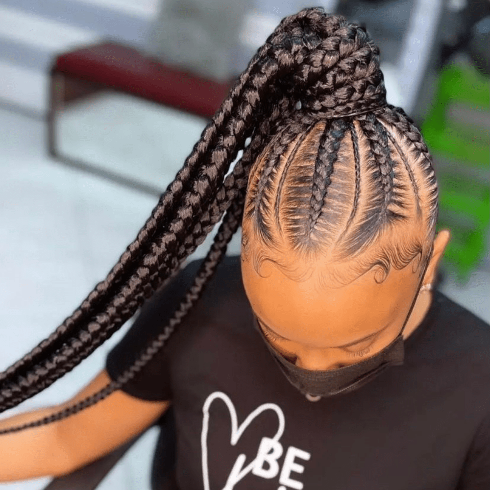 A braided ponytail with stitched cornrows