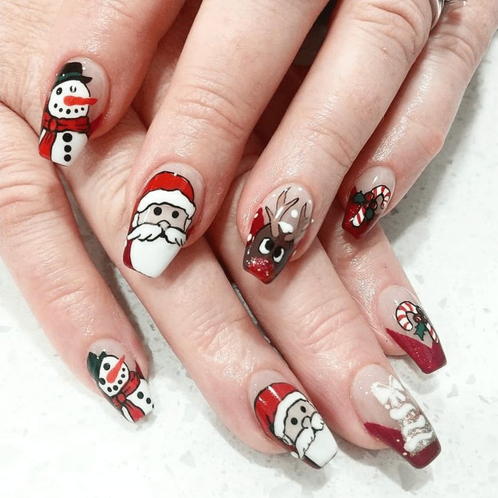 A christmas nail design with santa claus a snowman and Rudolph
