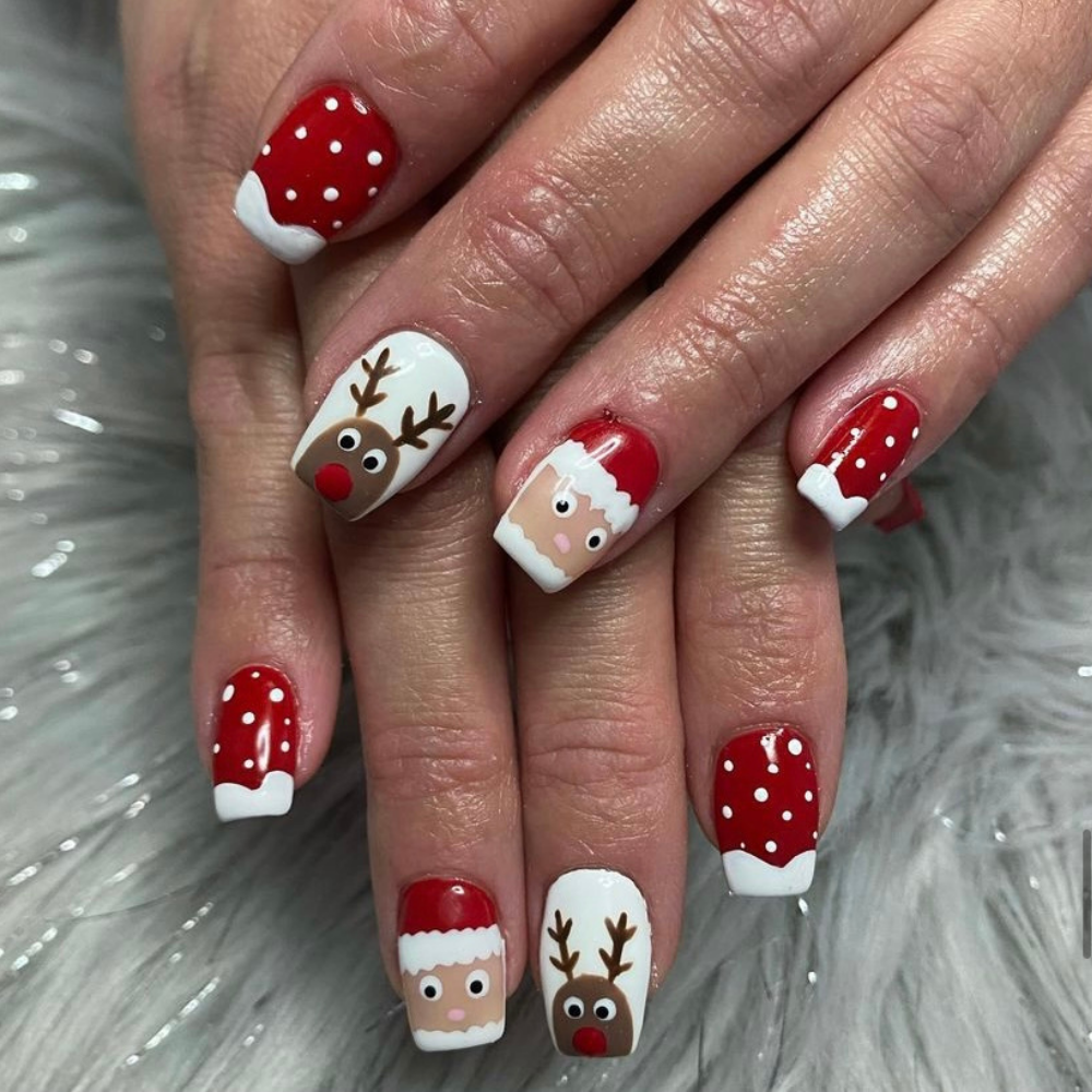 Christmas nail design with Santa Claus and Rudolph