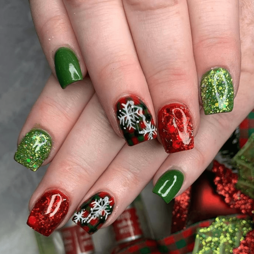 Green and red Christmas nails