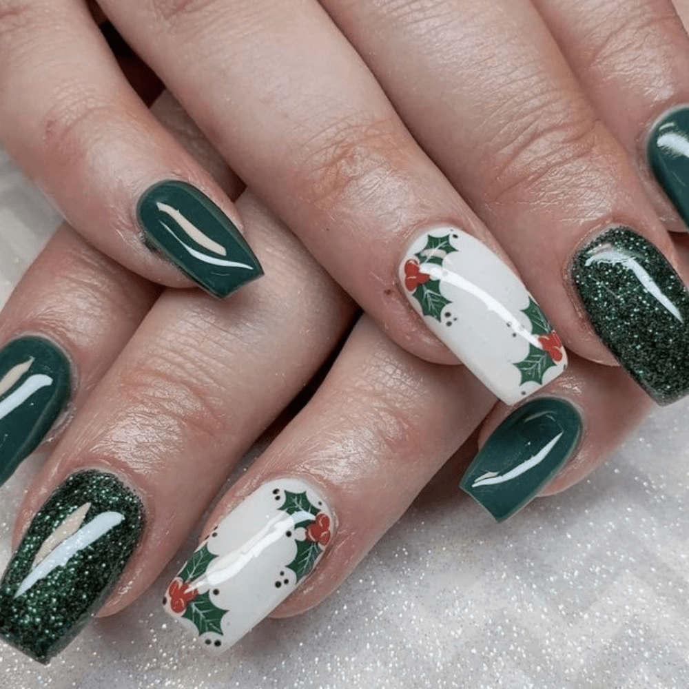 mistletoe nails with a glitter green polish