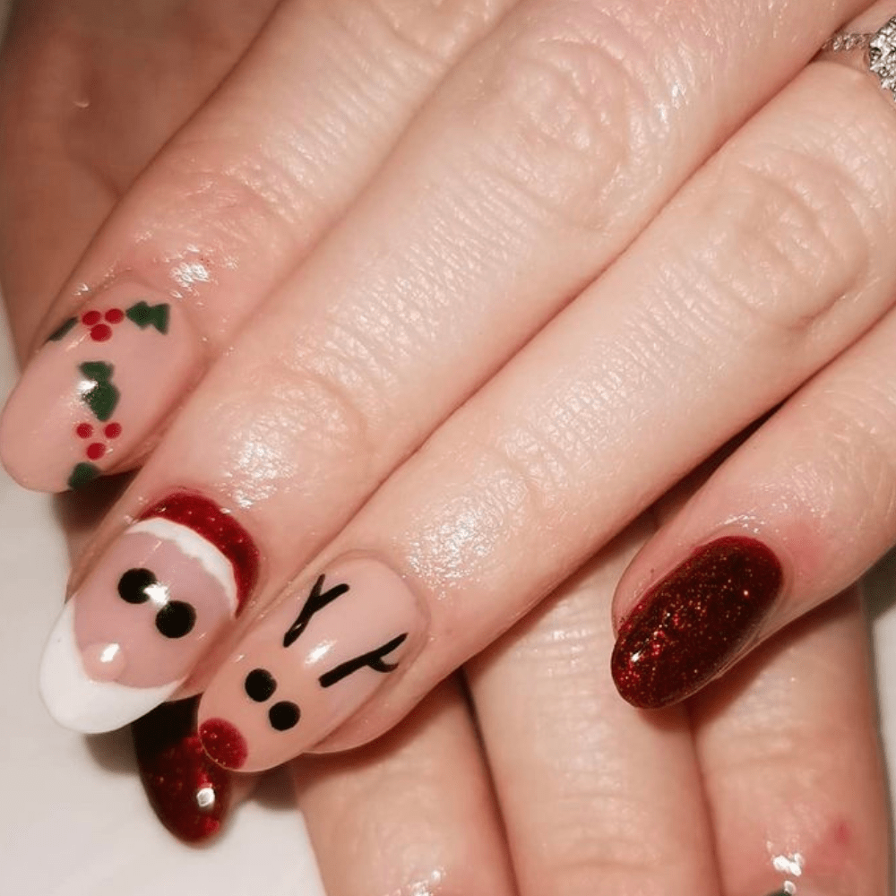 Christmas nail design with santa claus and rudolph