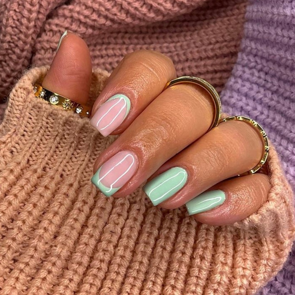 Simple turquoise nails with a French tip and a inverted French tip