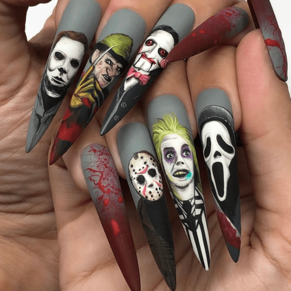 Halloween nail design with portraits of multiple characters from scary movies