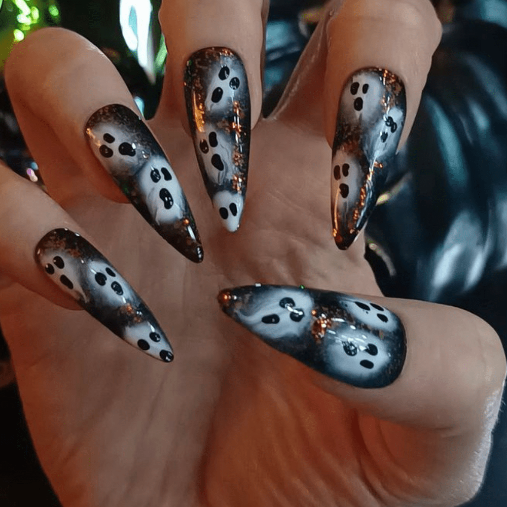 Stiletto Halloween nails with a ghost design
