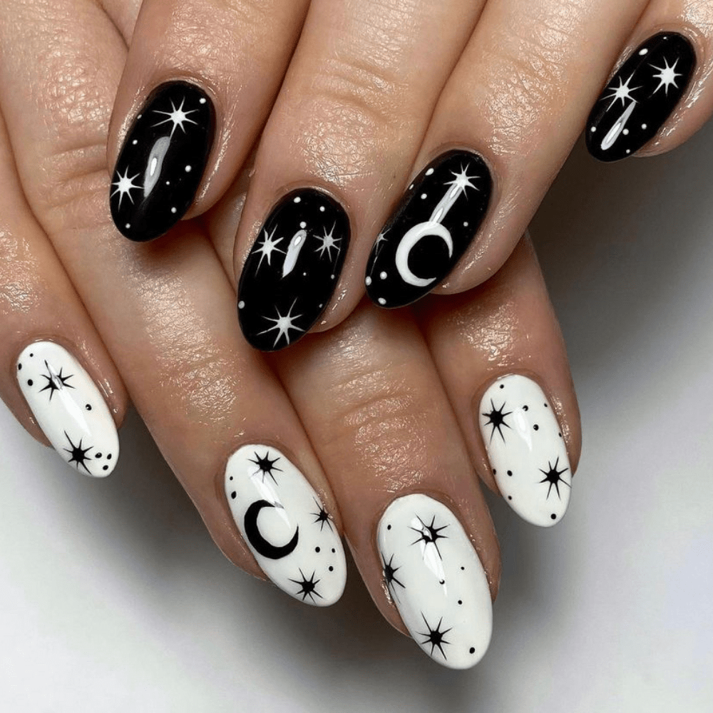 Short nails with a moon and stars design